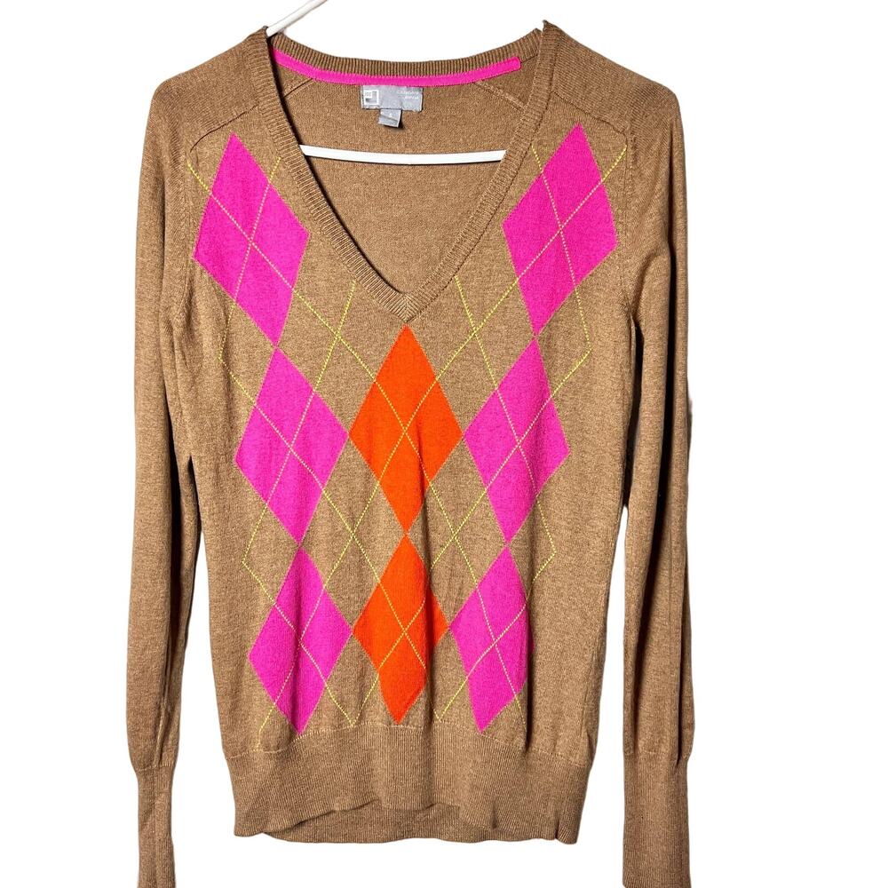 JCP Women’s Long Sleeve V Front Argyle Sweater Sz S